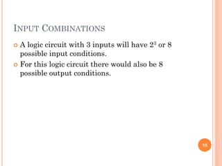 INPUT COMBINATIONS
 A logic circuit with 3 inputs will have 23 or 8
possible input conditions.
 For this logic circuit there would also be 8
possible output conditions.
15
 