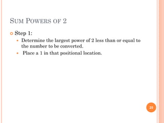 SUM POWERS OF 2
 Step 1:
 Determine the largest power of 2 less than or equal to
the number to be converted.
 Place a 1 in that positional location.
25
 