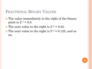 FRACTIONAL BINARY VALUES
 The value immediately to the right of the binary
point is 2–1 = 0.5.
 The next value to the right is 2–2 = 0.25.
 The next value to the right is 2–4 = 0.125, and so
on.
33
 