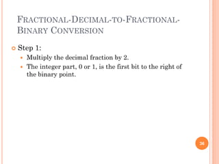 FRACTIONAL-DECIMAL-TO-FRACTIONAL-
BINARY CONVERSION
 Step 1:
 Multiply the decimal fraction by 2.
 The integer part, 0 or 1, is the first bit to the right of
the binary point.
36
 