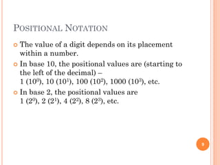 POSITIONAL NOTATION
 The value of a digit depends on its placement
within a number.
 In base 10, the positional values are (starting to
the left of the decimal) –
1 (100), 10 (101), 100 (102), 1000 (103), etc.
 In base 2, the positional values are
1 (20), 2 (21), 4 (22), 8 (23), etc.
9
 