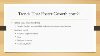 Trends That Foster Growth cont’d.
• Family size/household size
• Smaller families are more likely to have more discretionary income
• Business travel
• Oil/fuel oil prices/airfare
• Fear
• Business economy
• Conf. call, PicTel
 