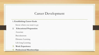 Career Development
1. Establishing Career Goals
Know where you want to go
2. Educational Preparation
Associate
Baccalaureate
Distance Learning
Life-long Learning
3. Work Experience
4. Professional Memberships
 