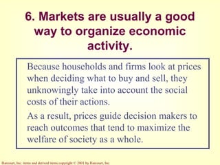 Harcourt, Inc. items and derived items copyright © 2001 by Harcourt, Inc.
6. Markets are usually a good
way to organize economic
activity.
Because households and firms look at prices
when deciding what to buy and sell, they
unknowingly take into account the social
costs of their actions.
As a result, prices guide decision makers to
reach outcomes that tend to maximize the
welfare of society as a whole.
 