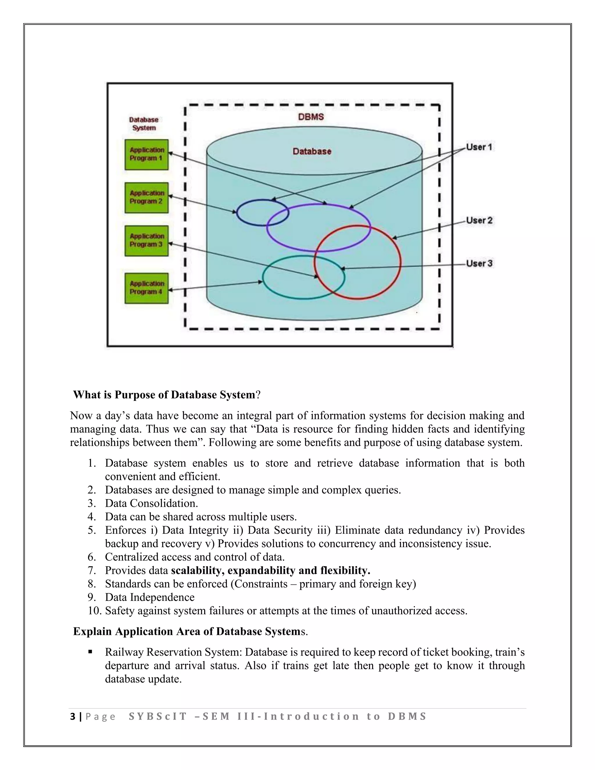 3 | P a g e S Y B S c I T – S E M I I I - I n t r o d u c t i o n t o D B M S
What is Purpose of Database System?
Now a day’s data have become an integral part of information systems for decision making and
managing data. Thus we can say that “Data is resource for finding hidden facts and identifying
relationships between them”. Following are some benefits and purpose of using database system.
1. Database system enables us to store and retrieve database information that is both
convenient and efficient.
2. Databases are designed to manage simple and complex queries.
3. Data Consolidation.
4. Data can be shared across multiple users.
5. Enforces i) Data Integrity ii) Data Security iii) Eliminate data redundancy iv) Provides
backup and recovery v) Provides solutions to concurrency and inconsistency issue.
6. Centralized access and control of data.
7. Provides data scalability, expandability and flexibility.
8. Standards can be enforced (Constraints – primary and foreign key)
9. Data Independence
10. Safety against system failures or attempts at the times of unauthorized access.
Explain Application Area of Database Systems.
▪ Railway Reservation System: Database is required to keep record of ticket booking, train’s
departure and arrival status. Also if trains get late then people get to know it through
database update.
 
