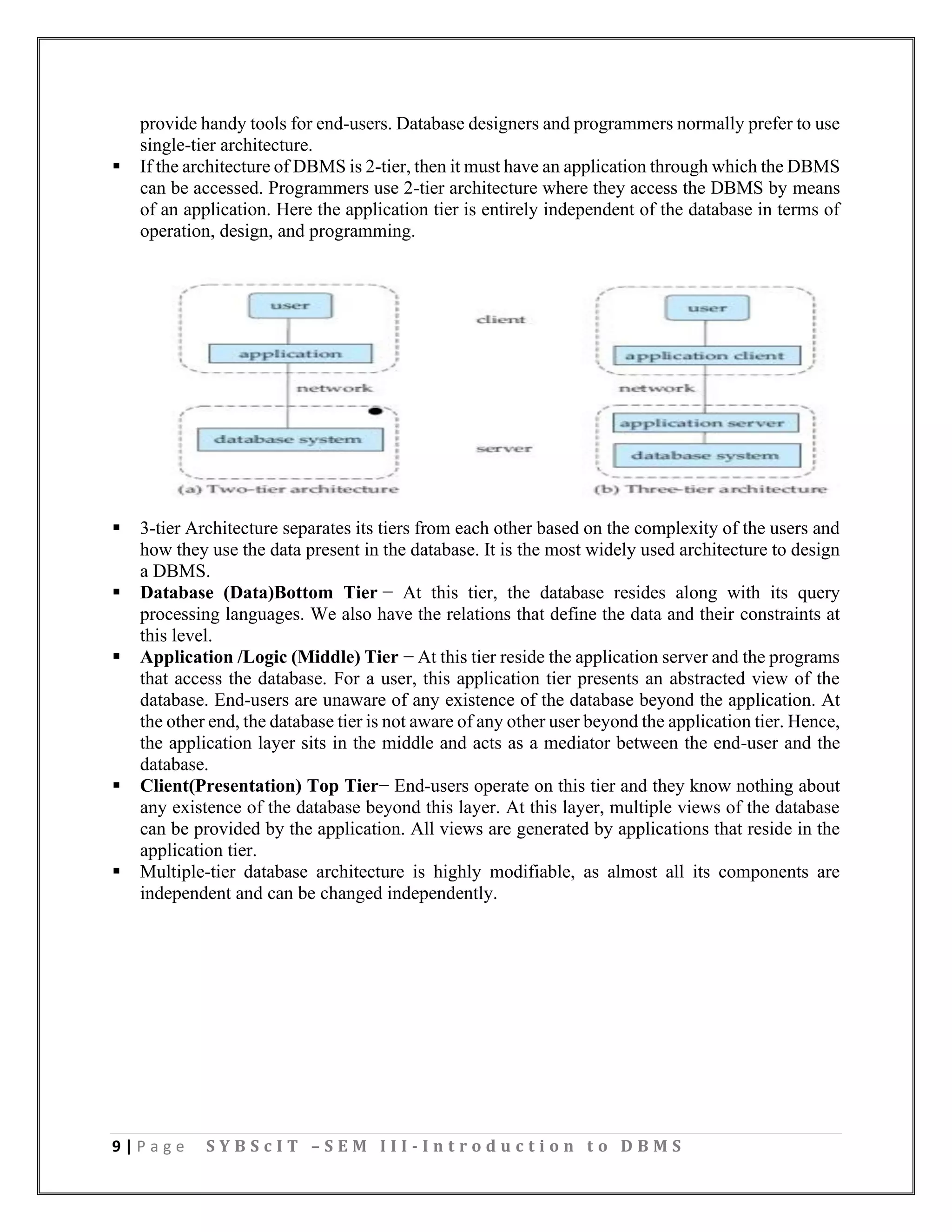 9 | P a g e S Y B S c I T – S E M I I I - I n t r o d u c t i o n t o D B M S
provide handy tools for end-users. Database designers and programmers normally prefer to use
single-tier architecture.
▪ If the architecture of DBMS is 2-tier, then it must have an application through which the DBMS
can be accessed. Programmers use 2-tier architecture where they access the DBMS by means
of an application. Here the application tier is entirely independent of the database in terms of
operation, design, and programming.
▪ 3-tier Architecture separates its tiers from each other based on the complexity of the users and
how they use the data present in the database. It is the most widely used architecture to design
a DBMS.
▪ Database (Data)Bottom Tier − At this tier, the database resides along with its query
processing languages. We also have the relations that define the data and their constraints at
this level.
▪ Application /Logic (Middle) Tier − At this tier reside the application server and the programs
that access the database. For a user, this application tier presents an abstracted view of the
database. End-users are unaware of any existence of the database beyond the application. At
the other end, the database tier is not aware of any other user beyond the application tier. Hence,
the application layer sits in the middle and acts as a mediator between the end-user and the
database.
▪ Client(Presentation) Top Tier− End-users operate on this tier and they know nothing about
any existence of the database beyond this layer. At this layer, multiple views of the database
can be provided by the application. All views are generated by applications that reside in the
application tier.
▪ Multiple-tier database architecture is highly modifiable, as almost all its components are
independent and can be changed independently.
 
