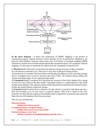 5 | P a g e S Y B S c I T – S E M I I I - I n t r o d u c t i o n t o D B M S
In the above diagram - It shows the architecture of DBMS. Mapping is the process of
transforming request response between various database levels of architecture. Mapping is not
good for small database, because it takes more time. In External / Conceptual mapping, DBMS
transforms a request on an external schema against the conceptual schema. In Conceptual / Internal
mapping, it is necessary to transform the request from the conceptual to internal levels.
1. Physical Level : Physical level describes the physical storage structure of data in database.
It is also known as Internal Level. This level is very close to physical storage of data.
At lowest level, it is stored in the form of bits with the physical addresses on the secondary storage
device. At highest level, it can be viewed in the form of files. The internal schema defines the
various stored data types. It uses a physical data model.
2. Conceptual Level: Conceptual level describes the structure of the whole database for a group
of users It is also called as the data model. Conceptual schema is a representation of the entire
content of the database. This schema contains all the information to build relevant external records.
It hides the internal details of physical storage.
3. External Level: External level is related to the data which is viewed by individual end users.
This level includes a no. of user views or external schemas. This level is closest to the user.
External view describes the segment of the database that is required for a particular user group and
hides the rest of the database from that user group.
Thus we can conclude that:
Physical schema
Defines how data is stored
Conceptual schema or logical schema
Defines data in terms of a data model
External schema or view level
Defines a number of simplified domain-specific views
 