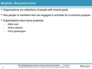 MIS : Managing Information Systems in Business, Government and Society by Rahul De
Copyright © 2018 by Wiley India Pvt. Ltd., 4436/7, Ansari Road, Daryaganj, New Delhi-110002
MODERN ORGANISATIONS
4
 Organisations are collections of people with shared goals
 Has people or members who are engaged in activities for a common purpose
 Organisations have many purposes
 Make cars
 Inform citizens
 Ferry passengers
 