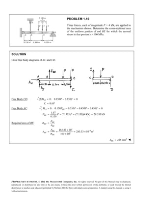 PROPRIETARY MATERIAL. © 2012 The McGraw-Hill Companies, Inc. All rights reserved. No part of this Manual may be displayed,
reproduced, or distributed in any form or by any means, without the prior written permission of the publisher, or used beyond the limited
distribution to teachers and educators permitted by McGraw-Hill for their individual course preparation. A student using this manual is using it
without permission.
PROBLEM 1.10
Three forces, each of magnitude P = 4 kN, are applied to
the mechanism shown. Determine the cross-sectional area
of the uniform portion of rod BE for which the normal
stress in that portion is +100 MPa.
SOLUTION
Draw free body diagrams of AC and CD.
Free Body CD: 0: 0.150 0.250 0
0.6
Σ = − =
=
D
M P C
C P
Free Body AC: 0: 0.150 0.350 0.450 0.450 0
1.07
7.1333 (7.133)(4 kN) 28.533 kN
0.150
= − − − =
= = = =
A BE
BE
M F P P C
F P P
Required area of BE:
3
6 2
6
28.533 10
285.33 10 m
100 10
σ
σ
−
=
×
= = = ×
×
BE
BE
BE
BE
BE
BE
F
A
F
A
2
285 mm
=
BE
A 
 