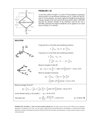 PROPRIETARY MATERIAL. © 2012 The McGraw-Hill Companies, Inc. All rights reserved. No part of this Manual may be displayed,
reproduced, or distributed in any form or by any means, without the prior written permission of the publisher, or used beyond the limited
distribution to teachers and educators permitted by McGraw-Hill for their individual course preparation. A student using this manual is using it
without permission.
PROBLEM 1.42
A steel loop ABCD of length 1.2 m and of 10-mm diameter is placed as
shown around a 24-mm-diameter aluminum rod AC. Cables BE and DF,
each of 12-mm diameter, are used to apply the load Q. Knowing that the
ultimate strength of the steel used for the loop and the cables is 480 MPa
and that the ultimate strength of the aluminum used for the rod is
260 MPa, determine the largest load Q that can be applied if an overall
factor of safety of 3 is desired.
SOLUTION
Using joint B as a free body and considering symmetry,
3 6
2 0
5 5
⋅ − = =
AB AB
F Q Q F
Using joint A as a free body and considering symmetry,
4
2 0
5
8 5 3
0
5 6 4
⋅ − =
⋅ − = ∴ =
AB AC
AC AC
F F
Q F Q F
Based on strength of cable BF:
2 6 2 3
(480 10 ) (0.012) 54.29 10 N
4 4
π π
σ σ
= = = × = ×
U U U
Q A d
Based on strength of steel loop:
2
,
6 2 3
6 6 6
5 5 5 4
6
(480 10 ) (0.010) 45.24 10 N
5 4
π
σ σ
π
= = =
= × = ×
U AB U U U
Q F A d
Based on strength of rod AC:
2 6 2 3
,
3 3 3 3
(260 10 ) (0.024) 88.22 10 N
4 4 4 4 4 4
π π
σ σ
= = = = × = ×
U AC U U U
Q F A d
Actual ultimate load QU is the smallest, 3
45.24 10 N
U
Q
∴ = ×
Allowable load:
3
3
45.24 10
15.08 10 N
. . 3
×
= = = ×
U
Q
Q
F S
15.08 kN
Q = 
 
