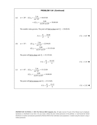 PROPRIETARY MATERIAL. © 2012 The McGraw-Hill Companies, Inc. All rights reserved. No part of this Manual may be displayed,
reproduced, or distributed in any form or by any means, without the prior written permission of the publisher, or used beyond the limited
distribution to teachers and educators permitted by McGraw-Hill for their individual course preparation. A student using this manual is using it
without permission.
PROBLEM 1.64 (Continued)
(a) 2
7.56
20 : ( ) 64.63 kN
sin 20
9.00
( ) 28.00 kN
sin 20 cos20
U
U
P
P
σ
τ
α = ° = =
°
= = =
° °
The smaller value governs. The joint will fail in shear and 28.00 kN.
U
P =
28.00
. .
6
= =
U
P
F S
P
. . 4.67
F S = 
(b) 2
7.56
35 : ( ) 22.98 kN
sin 35
9.00
( ) 19.155 kN
sin35 cos35
U
U
P
P
σ
τ
α = ° = =
°
= =
° °
The joint will fail in shear and 19.155 kN.
U
P =
19.155
. .
6
U
P
F S
P
= = . . 3.19
F S = 
(c) 2
7.56
45 : ( ) 15.12 kN
sin 45
9.00
( ) 18.00 kN
sin 45 cos45
U
U
P
P
σ
τ
α = ° = =
°
= =
° °
The joint will fail in tension and 15.12 kN.
U
P =
15.12
. .
6
U
P
F S
P
= = . . 2.52
F S = 
 
