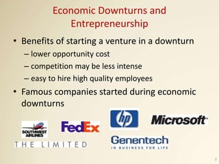 Economic Downturns and
Entrepreneurship
• Benefits of starting a venture in a downturn
– lower opportunity cost
– competit...