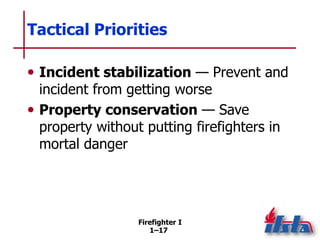 Firefighter I
1–17
Tactical Priorities
• Incident stabilization — Prevent and
incident from getting worse
• Property conse...