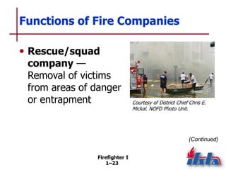 Firefighter I
1–23
Functions of Fire Companies
• Rescue/squad
company —
Removal of victims
from areas of danger
or entrapm...