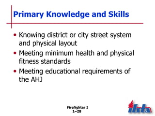Firefighter I
1–28
Primary Knowledge and Skills
• Knowing district or city street system
and physical layout
• Meeting min...