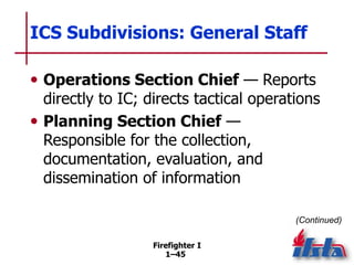 Firefighter I
1–45
ICS Subdivisions: General Staff
• Operations Section Chief — Reports
directly to IC; directs tactical o...