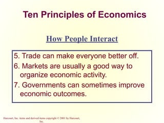 Harcourt, Inc. items and derived items copyright © 2001 by Harcourt,
Inc.
Ten Principles of Economics
5. Trade can make everyone better off.
6. Markets are usually a good way to
organize economic activity.
7. Governments can sometimes improve
economic outcomes.
How People Interact
 
