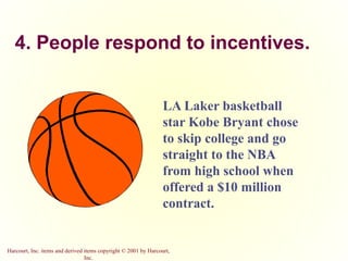 Harcourt, Inc. items and derived items copyright © 2001 by Harcourt,
Inc.
LA Laker basketball
star Kobe Bryant chose
to skip college and go
straight to the NBA
from high school when
offered a $10 million
contract.
4. People respond to incentives.
 
