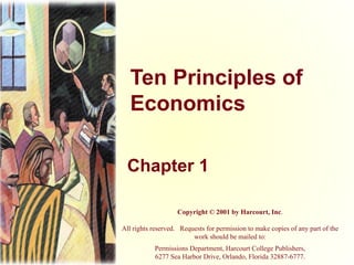 Ten Principles of
Economics
Chapter 1
Copyright © 2001 by Harcourt, Inc.
All rights reserved. Requests for permission to make copies of any part of the
work should be mailed to:
Permissions Department, Harcourt College Publishers,
6277 Sea Harbor Drive, Orlando, Florida 32887-6777.
 