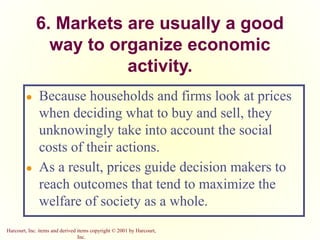 Harcourt, Inc. items and derived items copyright © 2001 by Harcourt,
Inc.
6. Markets are usually a good
way to organize economic
activity.
● Because households and firms look at prices
when deciding what to buy and sell, they
unknowingly take into account the social
costs of their actions.
● As a result, prices guide decision makers to
reach outcomes that tend to maximize the
welfare of society as a whole.
 