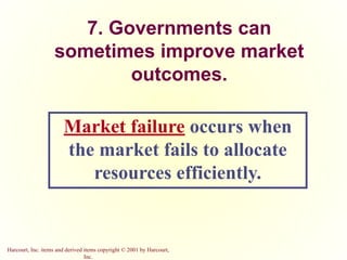 Harcourt, Inc. items and derived items copyright © 2001 by Harcourt,
Inc.
7. Governments can
sometimes improve market
outcomes.
Market failure occurs when
the market fails to allocate
resources efficiently.
 