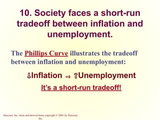 Harcourt, Inc. items and derived items copyright © 2001 by Harcourt,
Inc.
10. Society faces a short-run
tradeoff between inflation and
unemployment.
The Phillips Curve illustrates the tradeoff
between inflation and unemployment:
⇩Inflation ⇨ ⇧Unemployment
It’s a short-run tradeoff!
 