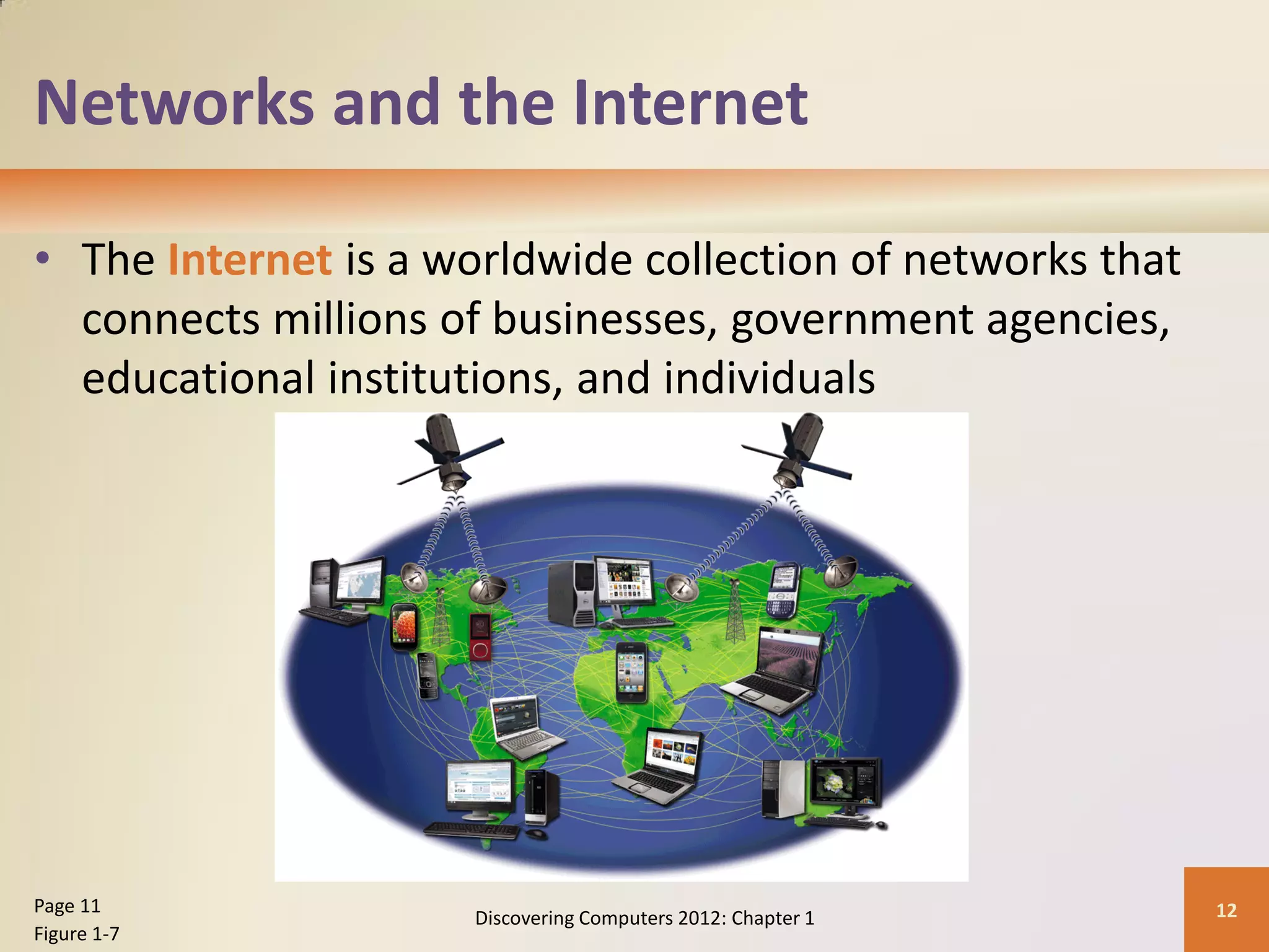 Networks and the Internet
• The Internet is a worldwide collection of networks that
connects millions of businesses, government agencies,
educational institutions, and individuals
Discovering Computers 2012: Chapter 1 12
Page 11
Figure 1-7
 