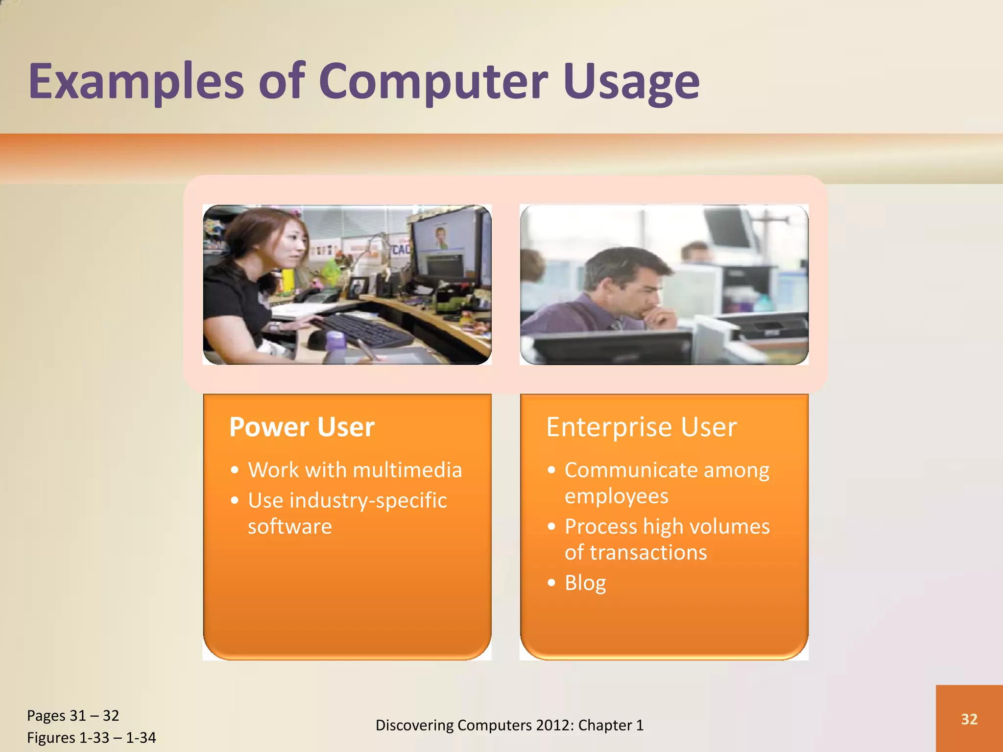 Examples of Computer Usage
Power User
• Work with multimedia
• Use industry-specific
software
Enterprise User
• Communicate among
employees
• Process high volumes
of transactions
• Blog
Discovering Computers 2012: Chapter 1 32
Pages 31 – 32
Figures 1-33 – 1-34
 