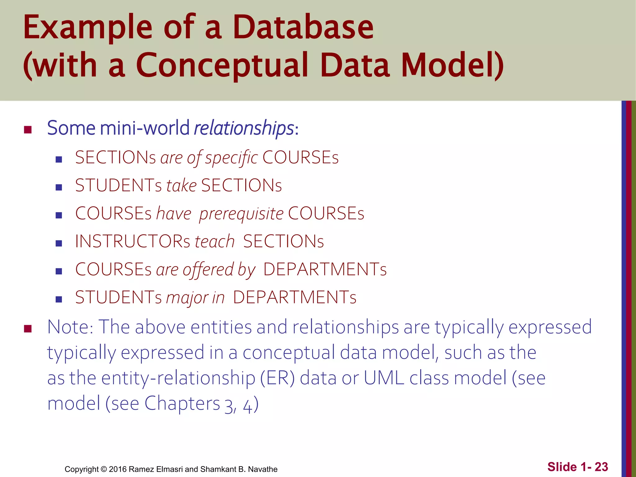 Copyright © 2016 Ramez Elmasri and Shamkant B. Navathe Slide 1- 23
Example of a Database
(with a Conceptual Data Model)
 Some mini-world relationships:
 SECTIONs are of specific COURSEs
 STUDENTs take SECTIONs
 COURSEs have prerequisite COURSEs
 INSTRUCTORs teach SECTIONs
 COURSEs are offered by DEPARTMENTs
 STUDENTs major in DEPARTMENTs
 Note: The above entities and relationships are typically expressed
typically expressed in a conceptual data model, such as the
as the entity-relationship (ER) data or UML class model (see
model (see Chapters 3, 4)
 