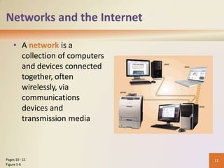 Networks and the Internet
• A network is a
collection of computers
and devices connected
together, often
wirelessly, via
communications
devices and
transmission media
11
Pages 10 - 11
Figure 1-6
 