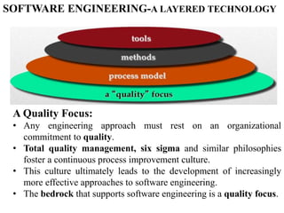 A Quality Focus:
• Any engineering approach must rest on an organizational
commitment to quality.
• Total quality management, six sigma and similar philosophies
foster a continuous process improvement culture.
• This culture ultimately leads to the development of increasingly
more effective approaches to software engineering.
• The bedrock that supports software engineering is a quality focus.
SOFTWARE ENGINEERING-A LAYERED TECHNOLOGY
 