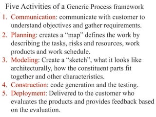 1. Communication: communicate with customer to
understand objectives and gather requirements.
2. Planning: creates a “map” defines the work by
describing the tasks, risks and resources, work
products and work schedule.
3. Modeling: Create a “sketch”, what it looks like
architecturally, how the constituent parts fit
together and other characteristics.
4. Construction: code generation and the testing.
5. Deployment: Delivered to the customer who
evaluates the products and provides feedback based
on the evaluation.
Five Activities of a Generic Process framework
 