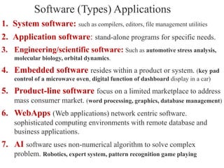 1. System software: such as compilers, editors, file management utilities
2. Application software: stand-alone programs for specific needs.
3. Engineering/scientific software: Such as automotive stress analysis,
molecular biology, orbital dynamics.
4. Embedded software resides within a product or system. (key pad
control of a microwave oven, digital function of dashboard display in a car)
5. Product-line software focus on a limited marketplace to address
mass consumer market. (word processing, graphics, database management)
6. WebApps (Web applications) network centric software.
sophisticated computing environments with remote database and
business applications.
7. AI software uses non-numerical algorithm to solve complex
problem. Robotics, expert system, pattern recognition game playing
Software (Types) Applications
 