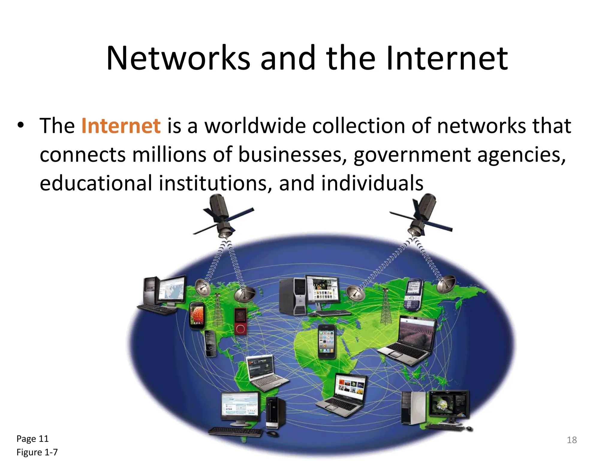 Networks and the Internet
• The Internet is a worldwide collection of networks that
connects millions of businesses, government agencies,
educational institutions, and individuals
Discovering Computers 2012: Chapter 1 18
Page 11
Figure 1-7
 