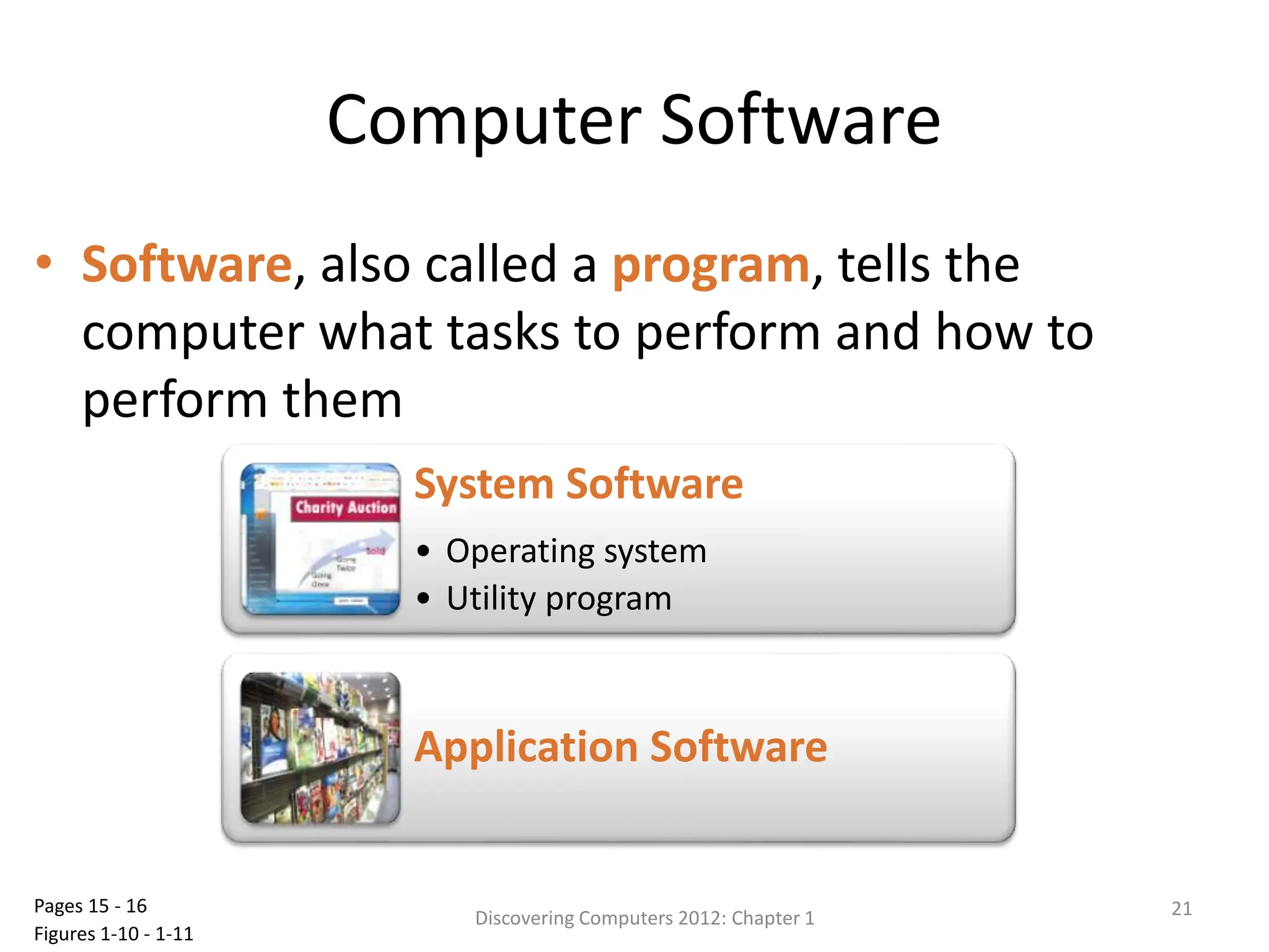 Computer Software
• Software, also called a program, tells the
computer what tasks to perform and how to
perform them
Discovering Computers 2012: Chapter 1 21
Pages 15 - 16
Figures 1-10 - 1-11
System Software
• Operating system
• Utility program
Application Software
 