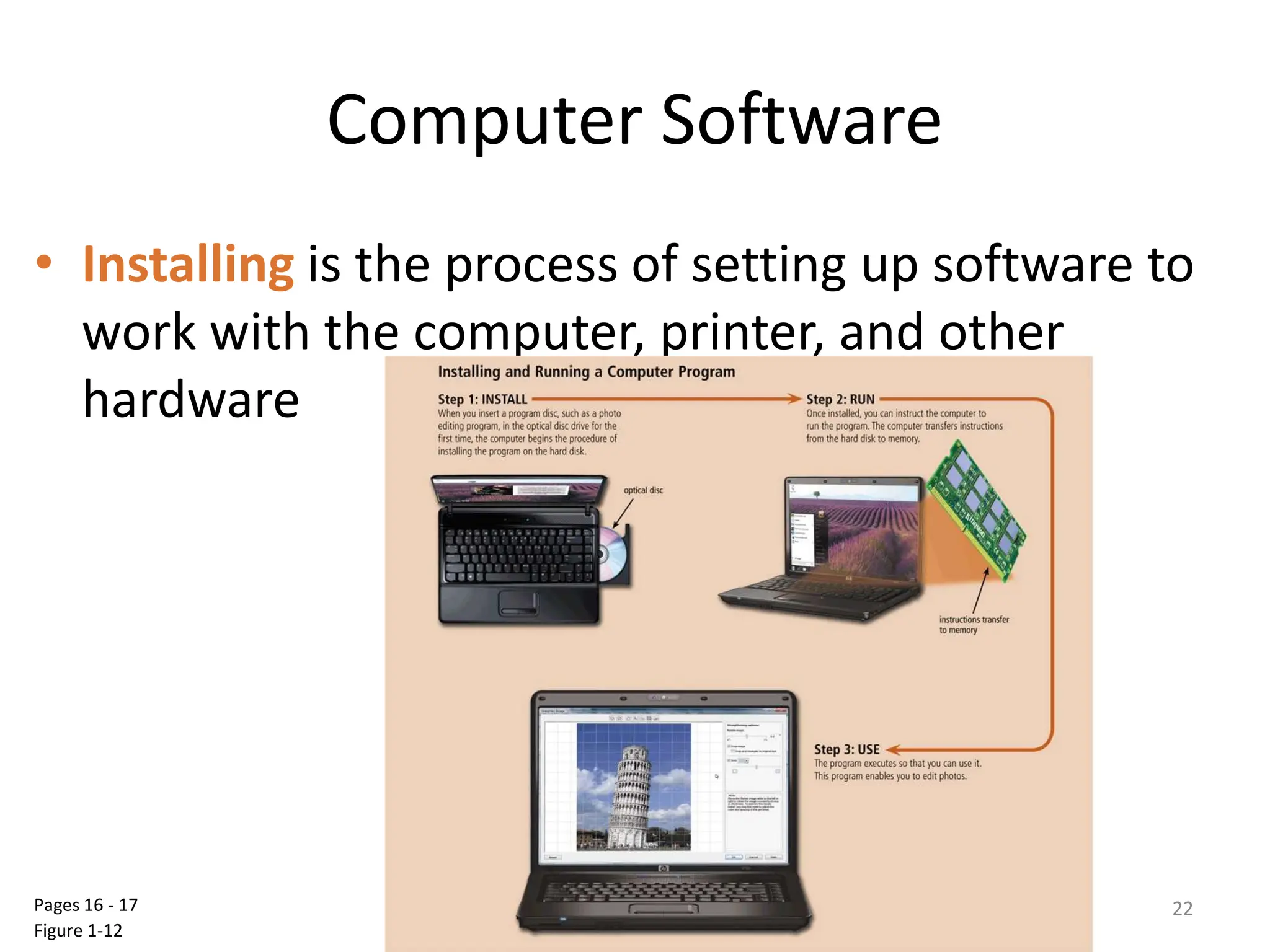 Computer Software
• Installing is the process of setting up software to
work with the computer, printer, and other
hardware
Discovering Computers 2012: Chapter 1 22
Pages 16 - 17
Figure 1-12
 