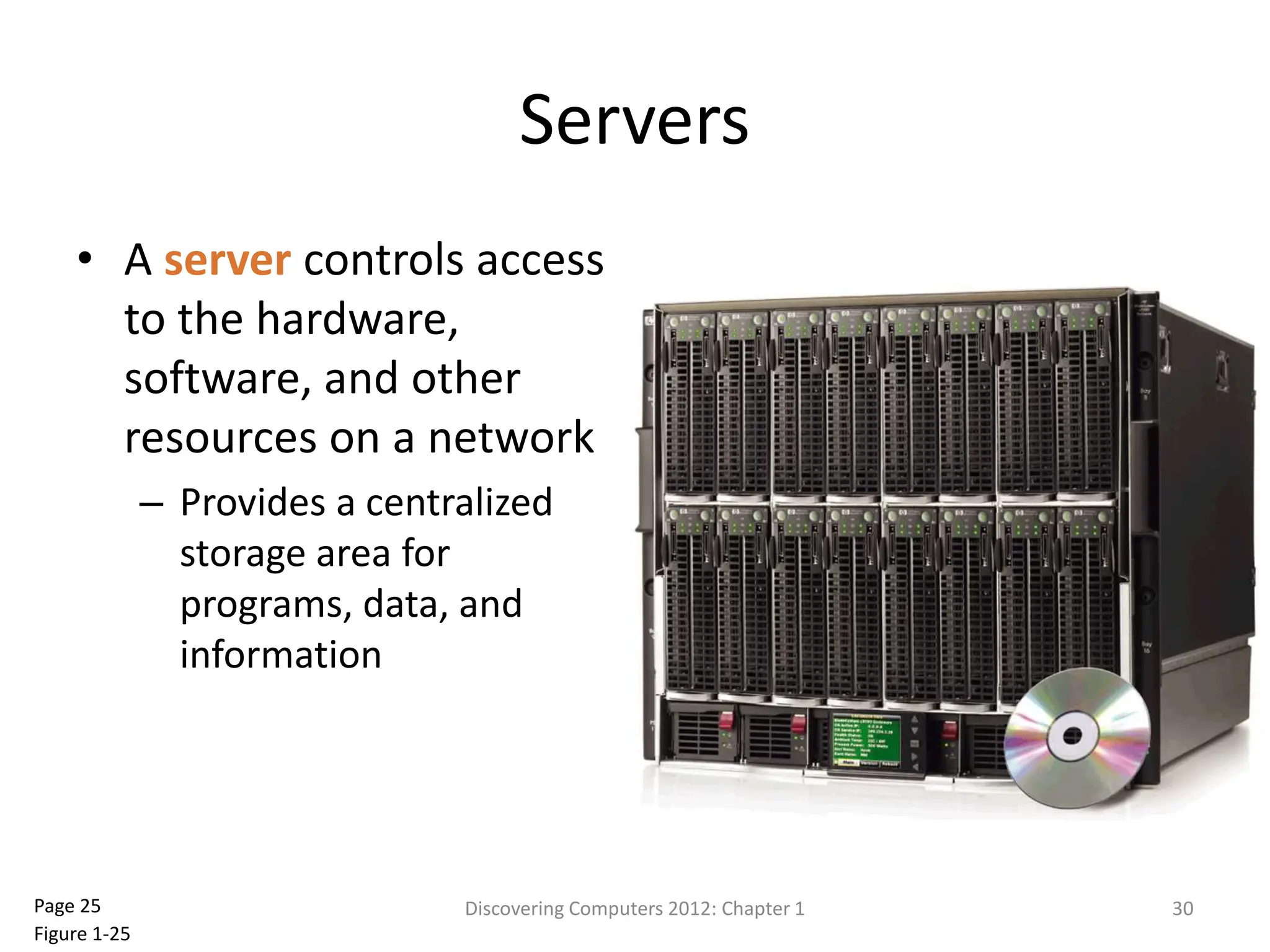 Servers
• A server controls access
to the hardware,
software, and other
resources on a network
– Provides a centralized
storage area for
programs, data, and
information
Discovering Computers 2012: Chapter 1 30
Page 25
Figure 1-25
 
