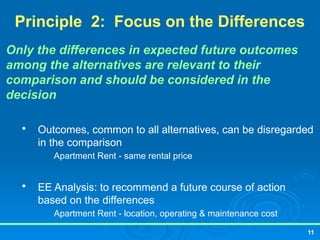 11
Principle 2: Focus on the Differences
Only the differences in expected future outcomes
among the alternatives are relevant to their
comparison and should be considered in the
decision

Outcomes, common to all alternatives, can be disregarded
in the comparison
Apartment Rent - same rental price

EE Analysis: to recommend a future course of action
based on the differences
Apartment Rent - location, operating & maintenance cost
 