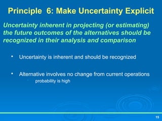 15
Principle 6: Make Uncertainty Explicit
Uncertainty inherent in projecting (or estimating)
the future outcomes of the alternatives should be
recognized in their analysis and comparison

Uncertainty is inherent and should be recognized

Alternative involves no change from current operations
• probability is high
 