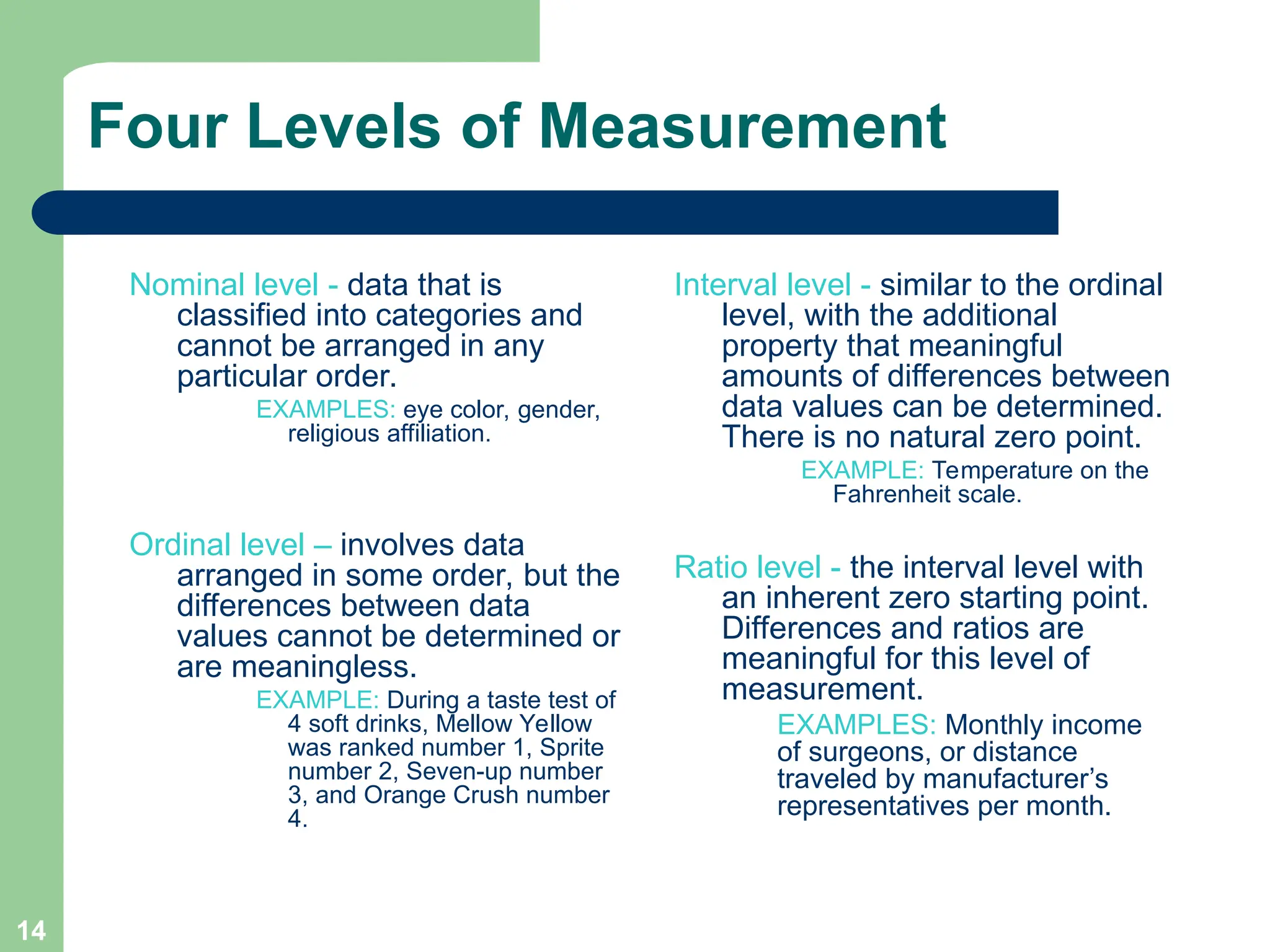 14
Four Levels of Measurement
Nominal level - data that is
classified into categories and
cannot be arranged in any
particular order.
EXAMPLES: eye color, gender,
religious affiliation.
Ordinal level – involves data
arranged in some order, but the
differences between data
values cannot be determined or
are meaningless.
EXAMPLE: During a taste test of
4 soft drinks, Mellow Yellow
was ranked number 1, Sprite
number 2, Seven-up number
3, and Orange Crush number
4.
Interval level - similar to the ordinal
level, with the additional
property that meaningful
amounts of differences between
data values can be determined.
There is no natural zero point.
EXAMPLE: Temperature on the
Fahrenheit scale.
Ratio level - the interval level with
an inherent zero starting point.
Differences and ratios are
meaningful for this level of
measurement.
EXAMPLES: Monthly income
of surgeons, or distance
traveled by manufacturer’s
representatives per month.
 