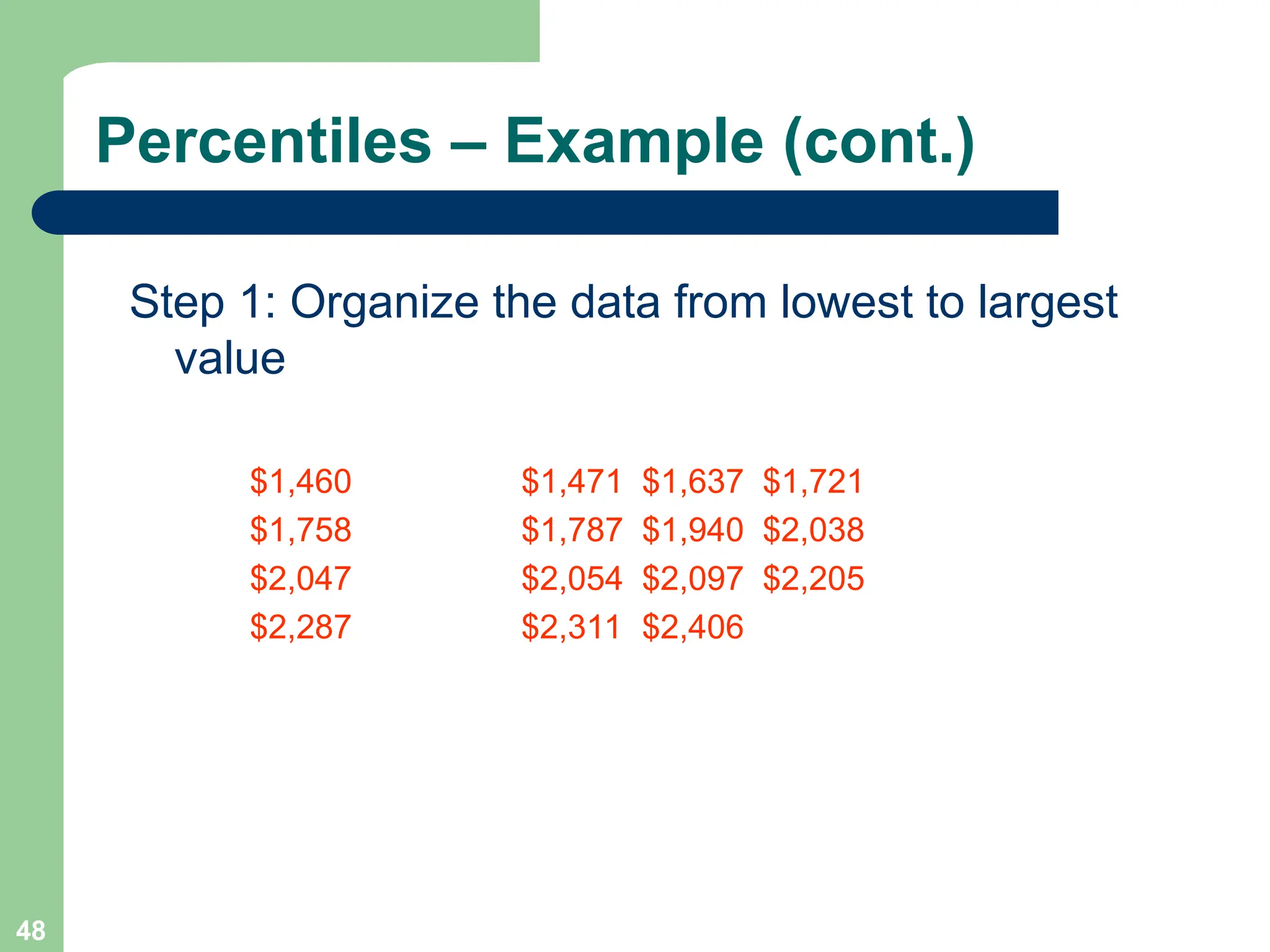 48
Percentiles – Example (cont.)
Step 1: Organize the data from lowest to largest
value
$1,460 $1,471 $1,637 $1,721
$1,758 $1,787 $1,940 $2,038
$2,047 $2,054 $2,097 $2,205
$2,287 $2,311 $2,406
 