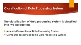 Classification of Data Processing System
The classification of data processing system is classified
into two categories:
 Manual/Conventional Data Processing System
 Computer Based/Electronic Data Processing System
 