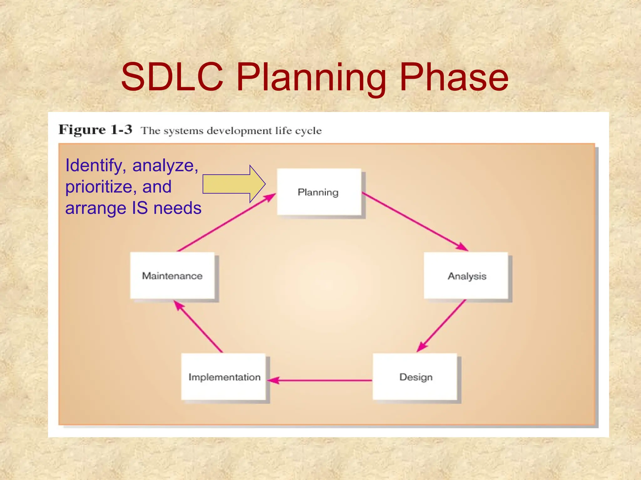 SDLC Planning Phase
Identify, analyze,
prioritize, and
arrange IS needs
 