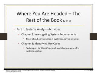 Where You Are Headed – The
Rest of the Book (2 of 7)
• Part II. Systems Analysis Activities
• Chapter 2: Investigating System Requirements
• More about core process 3: Systems analysis activities
• Chapter 3: Identifying Use Cases
• Techniques for Identifying and modeling use cases for
systems analysis
52
Systems Analysis and Design in a Changing World, 7th Edition - Chapter 1 ©2016. Cengage
Learning. All rights reserved.
 