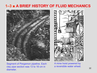 22
1–3 ■ A BRIEF HISTORY OF FLUID MECHANICS
Segment of Pergamon pipeline. Each
clay pipe section was 13 to 18 cm in
diameter.
A mine hoist powered by
a reversible water wheel.
 