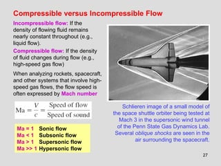 27
Compressible versus Incompressible Flow
Incompressible flow: If the
density of flowing fluid remains
nearly constant throughout (e.g.,
liquid flow).
Compressible flow: If the density
of fluid changes during flow (e.g.,
high-speed gas flow)
When analyzing rockets, spacecraft,
and other systems that involve high-
speed gas flows, the flow speed is
often expressed by Mach number
Schlieren image of a small model of
the space shuttle orbiter being tested at
Mach 3 in the supersonic wind tunnel
of the Penn State Gas Dynamics Lab.
Several oblique shocks are seen in the
air surrounding the spacecraft.
Ma = 1 Sonic flow
Ma < 1 Subsonic flow
Ma > 1 Supersonic flow
Ma >> 1 Hypersonic flow
 