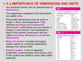 36
1–6 ■ IMPORTANCE OF DIMENSIONS AND UNITS
• Any physical quantity can be characterized by
dimensions.
• The magnitudes assigned to the dimensions
are called units.
• Some basic dimensions such as mass m,
length L, time t, and temperature T are
selected as primary or fundamental
dimensions, while others such as velocity V,
energy E, and volume V are expressed in
terms of the primary dimensions and are
called secondary dimensions, or derived
dimensions.
• Metric SI system: A simple and logical
system based on a decimal relationship
between the various units.
• English system: It has no apparent
systematic numerical base, and various units
in this system are related to each other rather
arbitrarily.
 