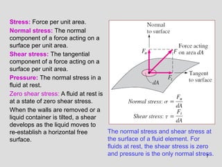 7
Stress: Force per unit area.
Normal stress: The normal
component of a force acting on a
surface per unit area.
Shear stress: The tangential
component of a force acting on a
surface per unit area.
Pressure: The normal stress in a
fluid at rest.
Zero shear stress: A fluid at rest is
at a state of zero shear stress.
When the walls are removed or a
liquid container is tilted, a shear
develops as the liquid moves to
re-establish a horizontal free
surface.
The normal stress and shear stress at
the surface of a fluid element. For
fluids at rest, the shear stress is zero
and pressure is the only normal stress.
 