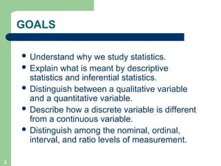 2
GOALS
 Understand why we study statistics.
 Explain what is meant by descriptive
statistics and inferential statistics.
 Distinguish between a qualitative variable
and a quantitative variable.
 Describe how a discrete variable is different
from a continuous variable.
 Distinguish among the nominal, ordinal,
interval, and ratio levels of measurement.
 
