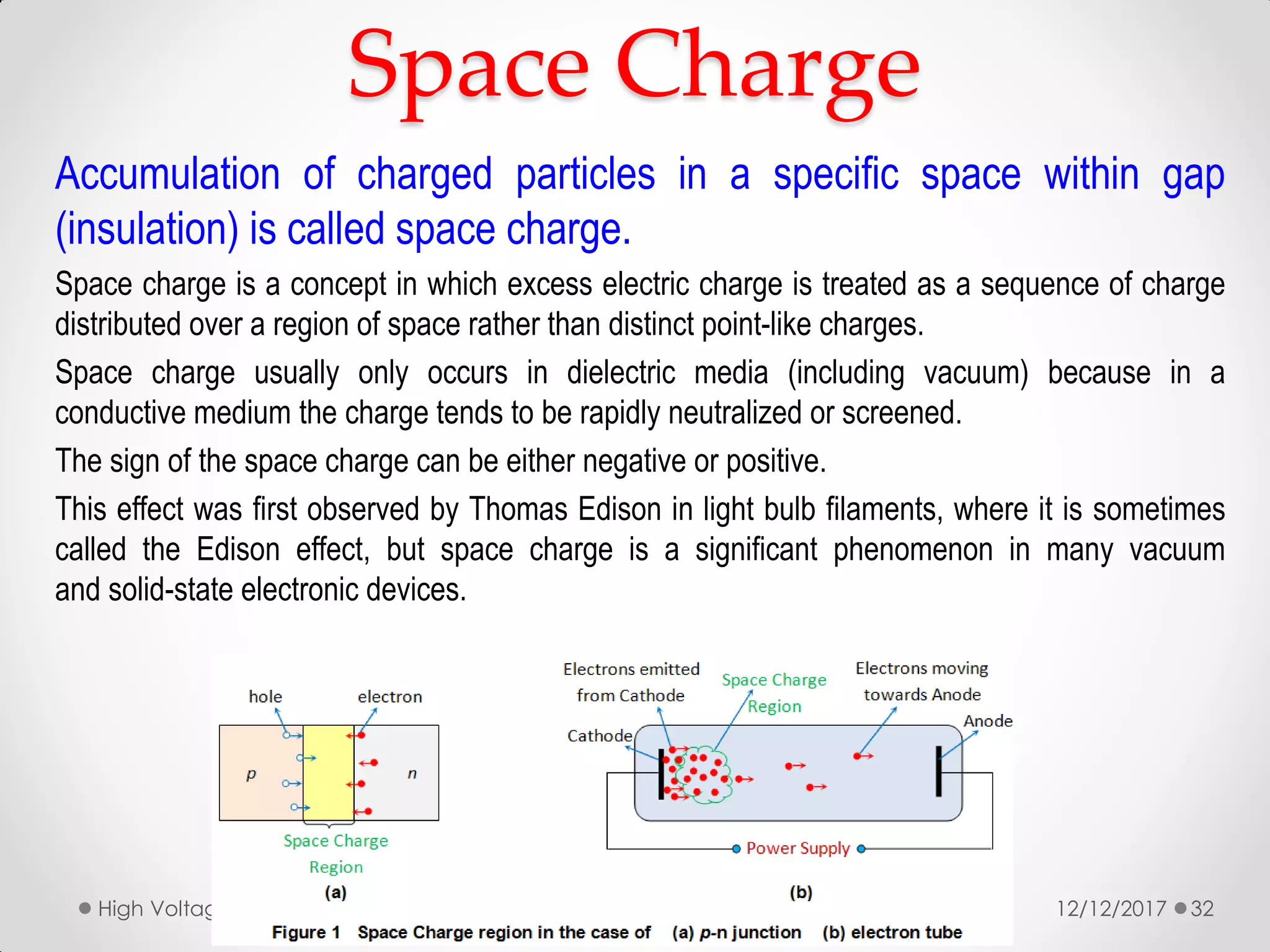 Space Charge
Accumulation of charged particles in a specific space within gap
(insulation) is called space charge.
Space charge is a concept in which excess electric charge is treated as a sequence of charge
distributed over a region of space rather than distinct point-like charges.
Space charge usually only occurs in dielectric media (including vacuum) because in a
conductive medium the charge tends to be rapidly neutralized or screened.
The sign of the space charge can be either negative or positive.
This effect was first observed by Thomas Edison in light bulb filaments, where it is sometimes
called the Edison effect, but space charge is a significant phenomenon in many vacuum
and solid-state electronic devices.
12/12/2017High Voltage Engineering 32
 